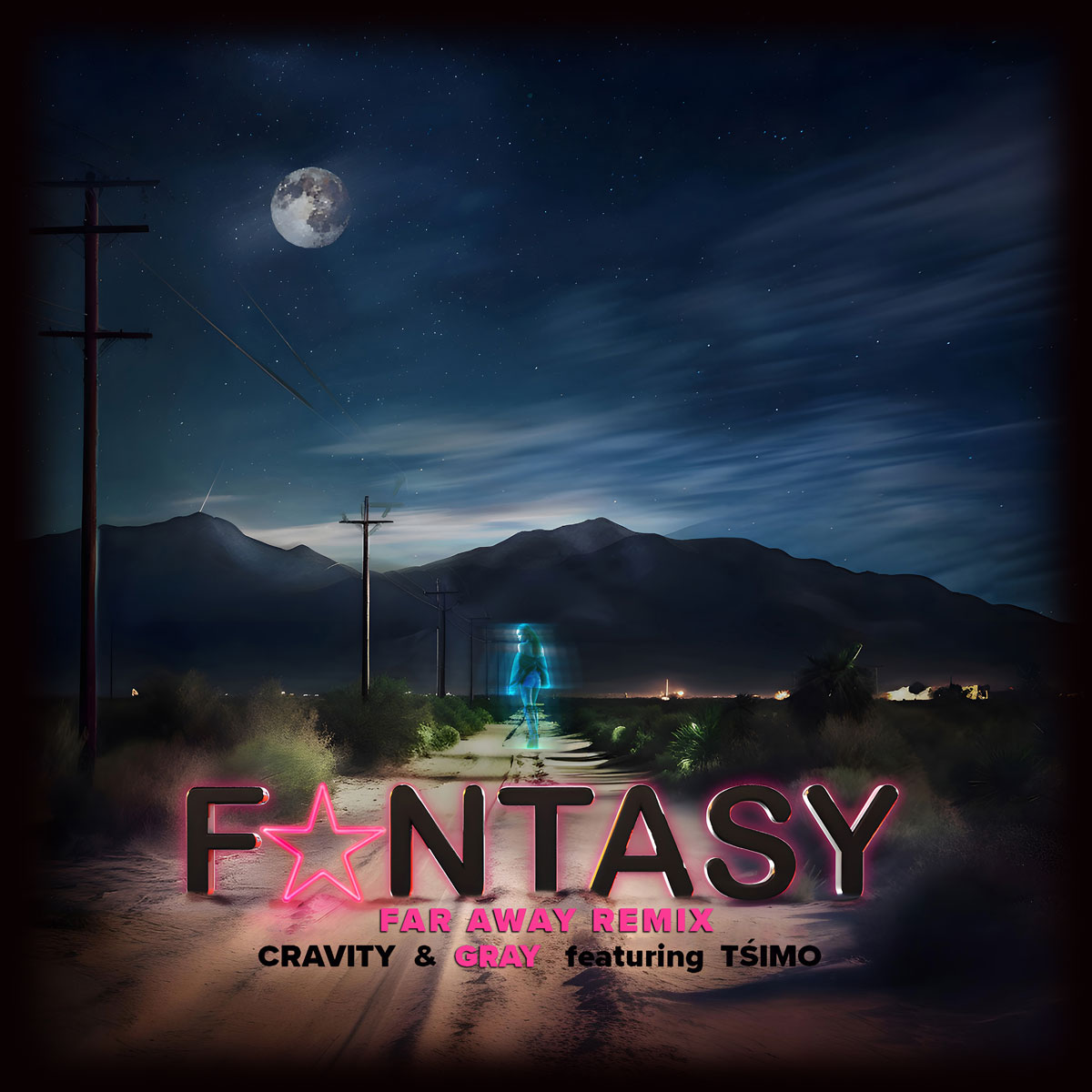 Far Away Remix artwork — a hologram figure on a moonlit desert road